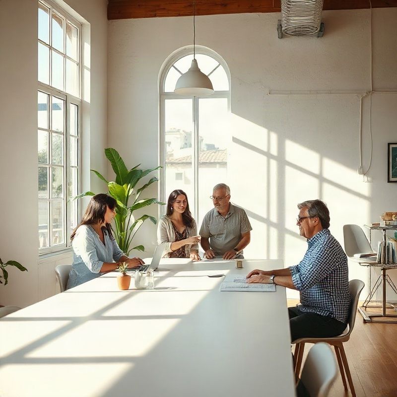 Equipe de quatro arquitetos reunida ao redor de uma mesa clara no estúdio em Porto Alegre