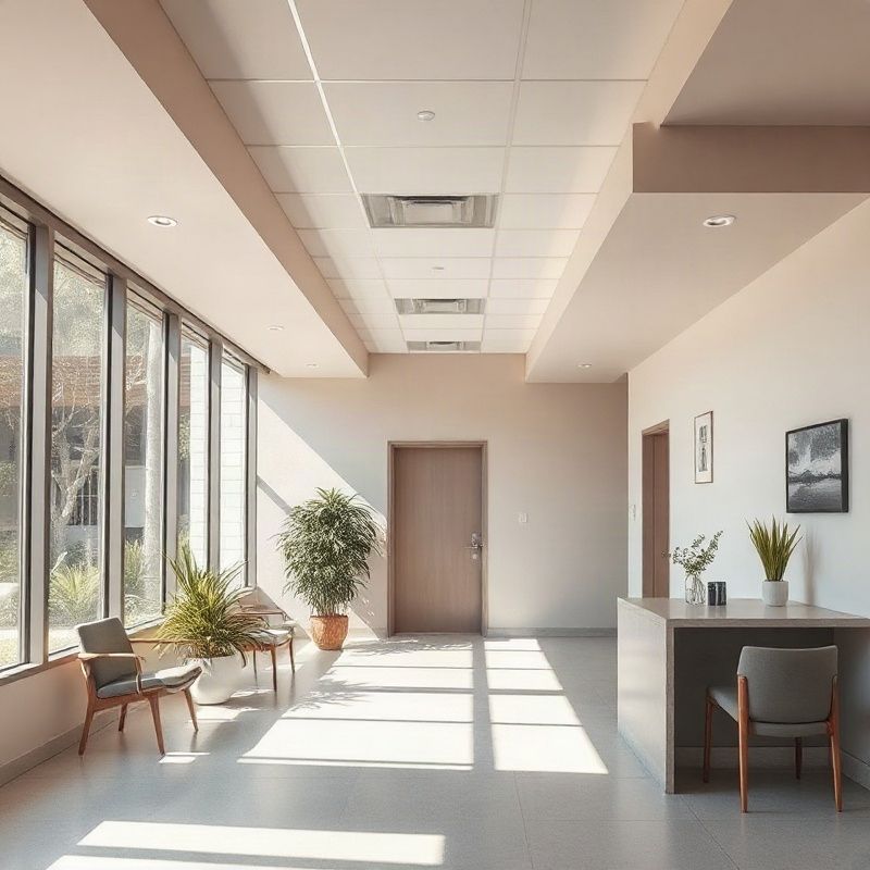 Interior finalizado de clínica comercial em Porto Alegre com linhas limpas e iluminação natural