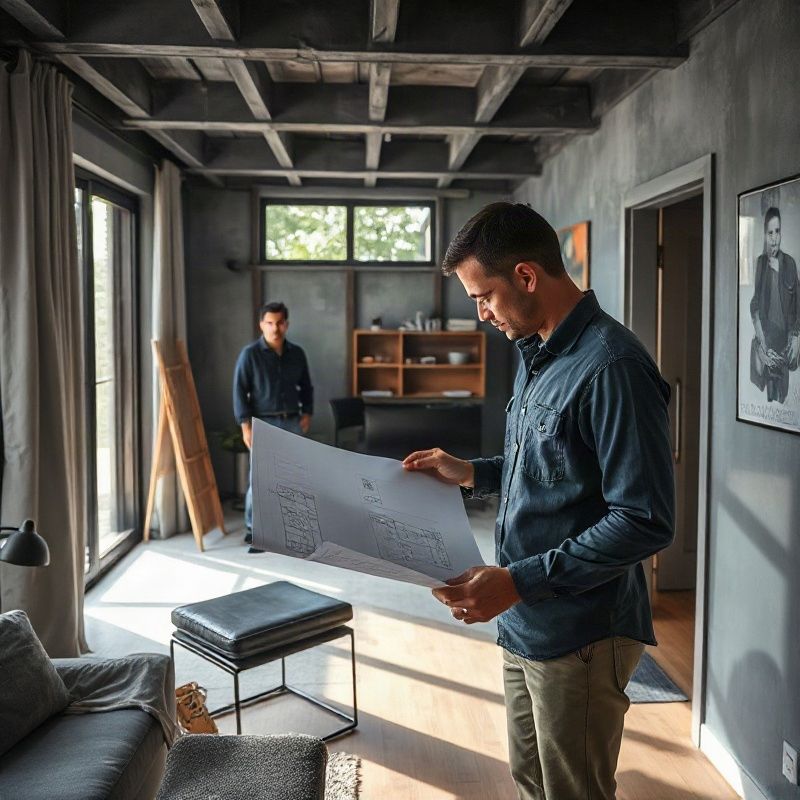 Arquiteto revisando desenhos de reforma no local de obra em apartamento de Porto Alegre