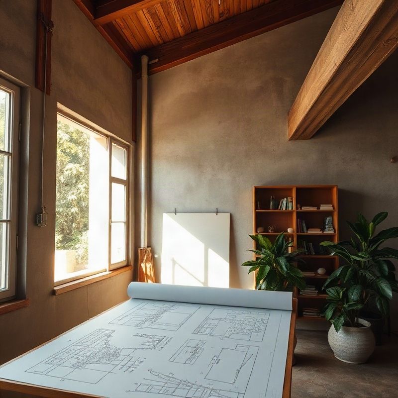 Interior de estúdio de arquitetura em Porto Alegre com pranchas técnicas sobre a mesa